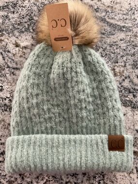 C.C Kids Mint Knit Beanie with Faux Fur Pom